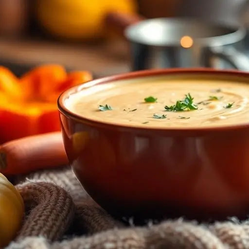 Tazón de sopa cremosa con verduras de temporada.