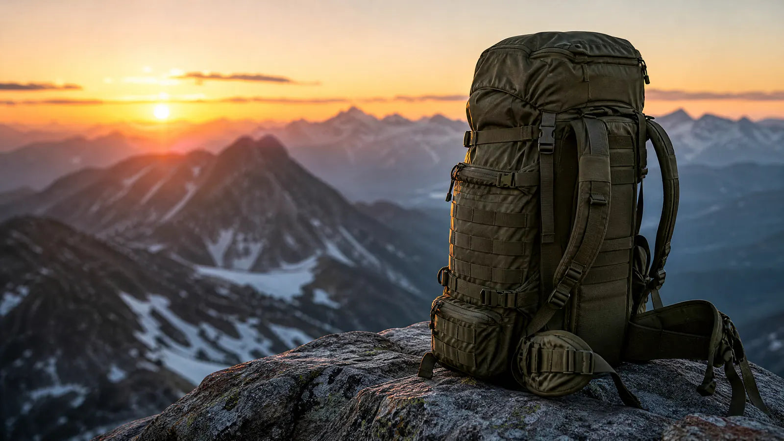 Mochila de senderismo técnica en paisaje de montaña