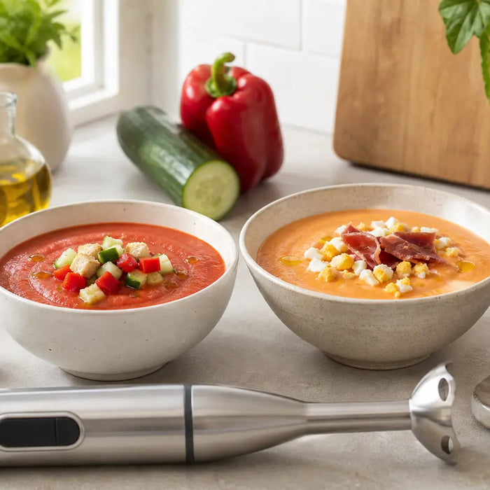 Gazpacho y salmorejo caseros preparados con batidora de mano e ingredientes frescos.