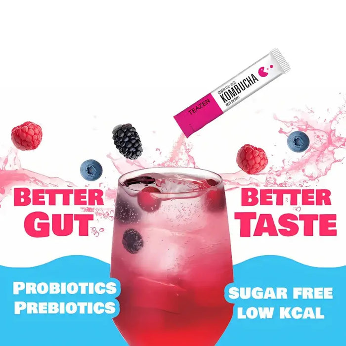 TEAZEN Kombucha Berry – Té fermentado coreano con probióticos, sin azúcar y bajo en calorías