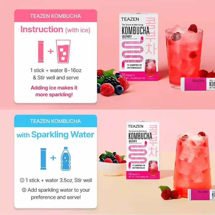 TEAZEN Kombucha Berry – Té fermentado coreano con probióticos, sin azúcar y bajo en calorías