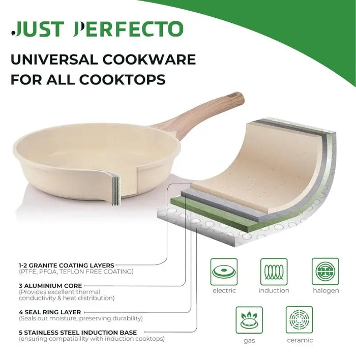 Batería de Cocina Granito 14 Piezas Just Perfecto – Beige Antiadherente con Tapas
