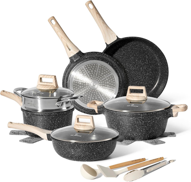 Batería de Cocina Granito 14 Piezas con Vaporera Just Perfecto – Negro Inducción
