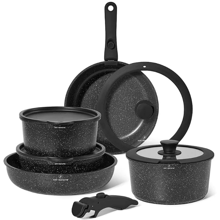 Batería de Cocina Granito 11 Piezas con Mango Desmontable Just Perfecto – Negro
