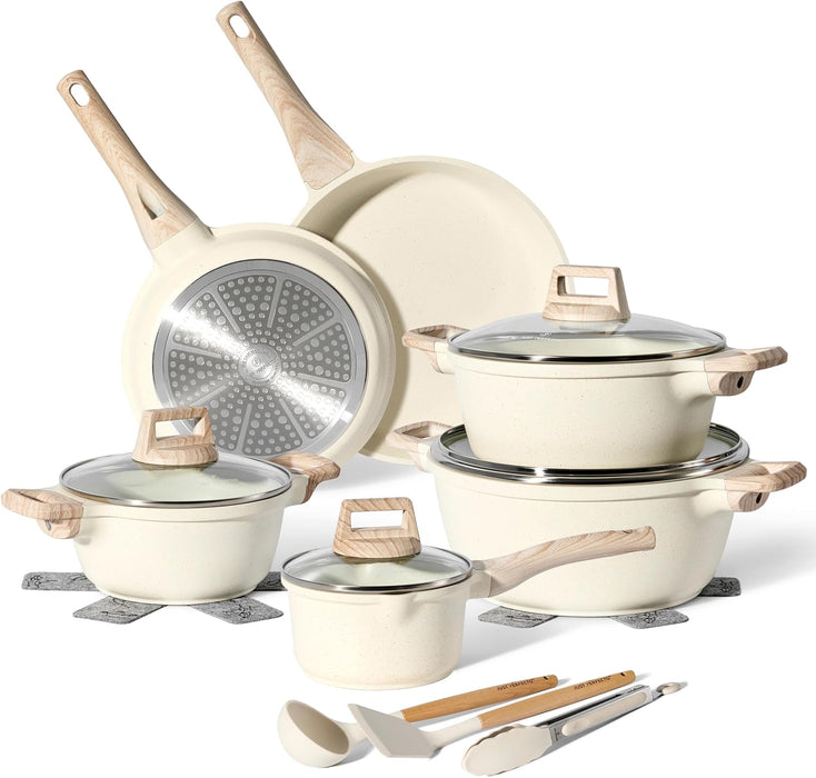 Batería de Cocina Granito 15 Piezas Just Perfecto – Beige Antiadherente con Tapas