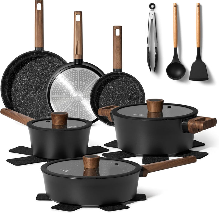 Batería de Cocina Granito 15 Piezas Just Perfecto – Antiadherente Negro con Base Inducción