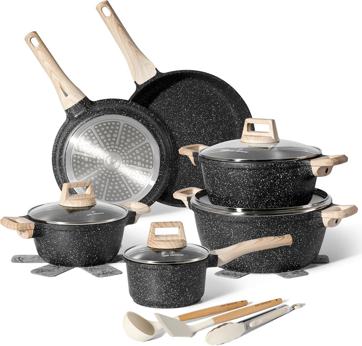 Batería de Cocina Granito 15 Piezas Just Perfecto – Negro con Asas Madera y Tapas