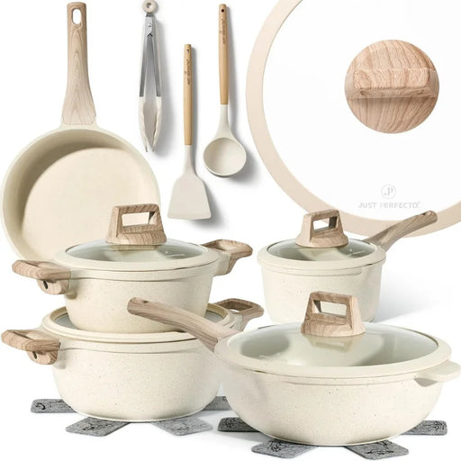 Batería de Cocina Granito 14 Piezas Just Perfecto – Beige Antiadherente con Tapas