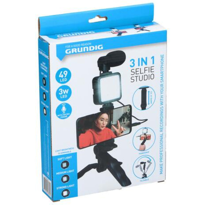 Grundig ED-38135: Kit 3 en 1 de estudio selfie para vlogging con iluminación, micrófono y trípode -Bronmart